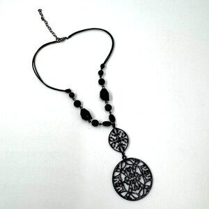 Black Beaded Necklace w/Filigree Goth Pendant  17" w/extender